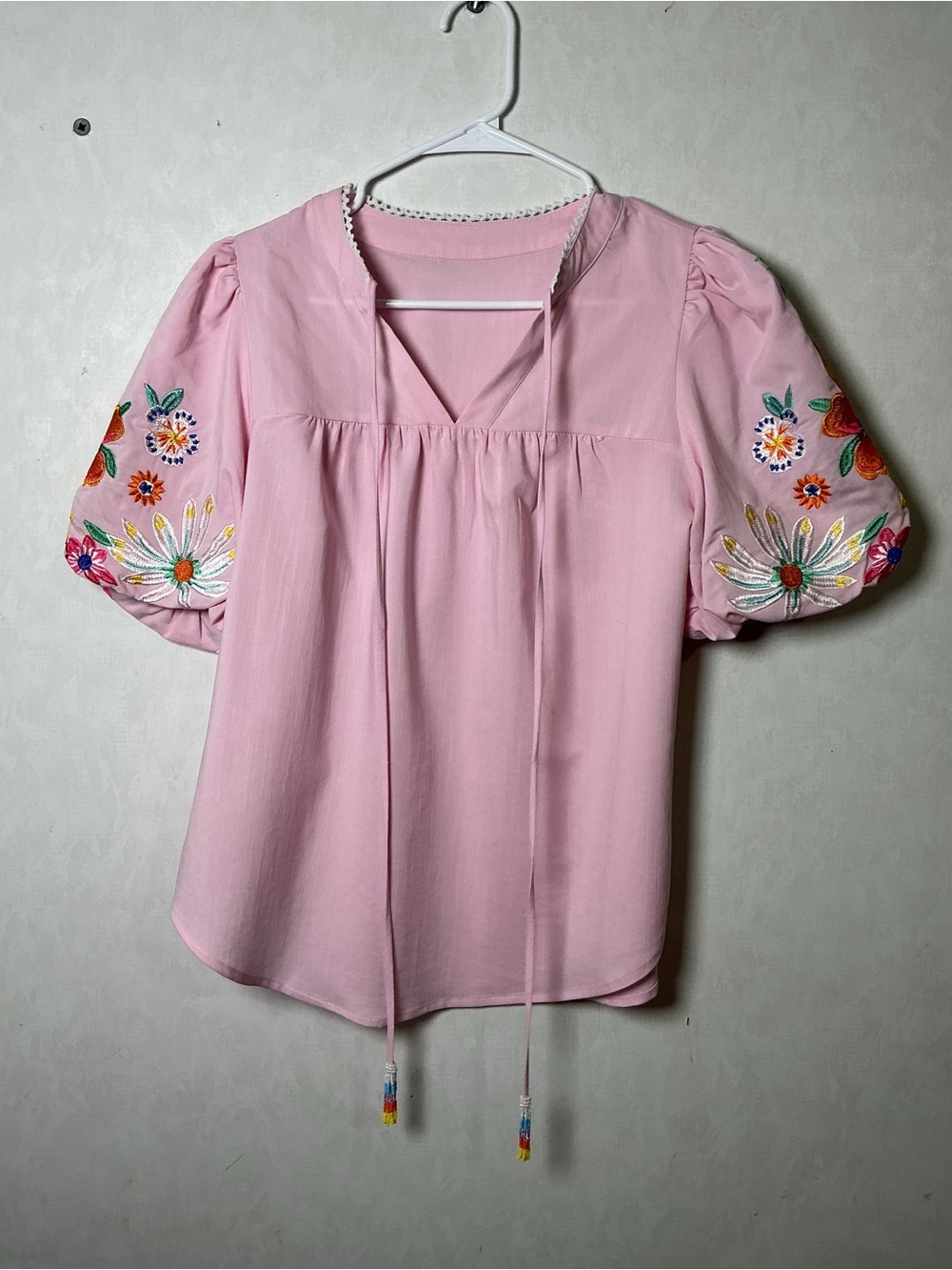 Pink Floral Print Short Sleeve Contrast Patchwork Tassel Tie Blouse Size Small